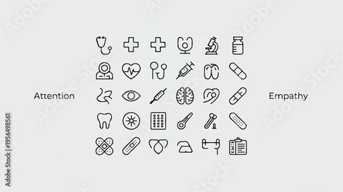 Medical attention and empathy line icons set