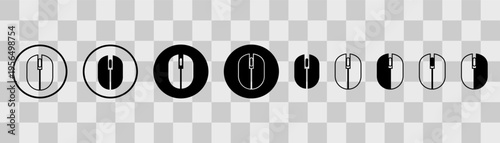 Computer mouse icons. Black and white. Computer mouse inside a circle. On transparent background.