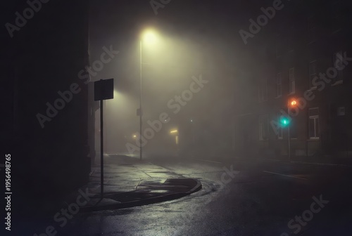 Mysterious investigation thriller at foggy intersection urban night dark atmosphere