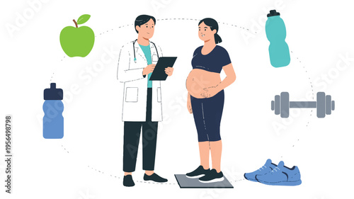 Pregnant woman and doctor discussing healthy lifestyle and weight management
