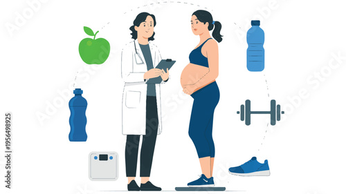 Pregnant woman and doctor discussing healthy lifestyle with nutrition and fitness icons around them
