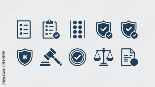 Set of law and security icons with checkmarks and shields