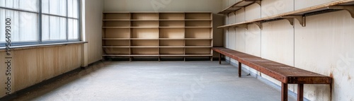 Natural light from a large window illuminates an abandoned room featuring an empty wooden shelving unit, a long rusty metal bench and overhead shelves. Industrial decay. ,Abandoned