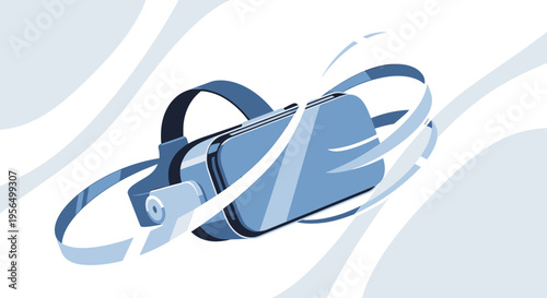 Stylized illustration of VR headset with dynamic movement lines, creating an immersive tech