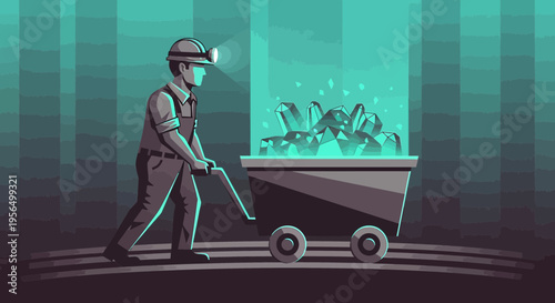 Stylized illustration showcasing a miner pushing a cart filled with glowing emerald crystals