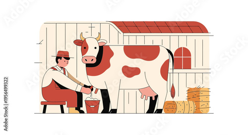 Stylized illustration showcasing traditional dairy farming scene and lifestyle depiction