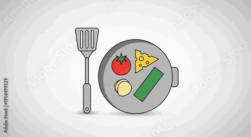 Stylized kitchen scene with pan, spatula, vegetables, cheese in minimalist design concept