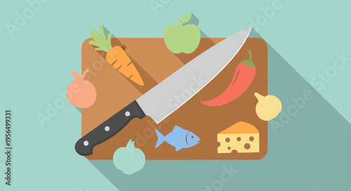 Stylized kitchen still life with knife, produce, cheese and fish arrangement