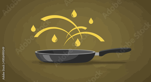 Stylized kitchenware illustration of a frying pan with oil droplets in vector format