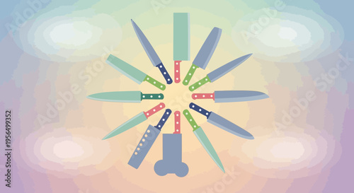 Stylized knife collection pattern on a pastel watercolor wash background artistic depiction