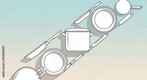 Stylized line art depiction of kitchenware and cooking utensils aligned diagonally