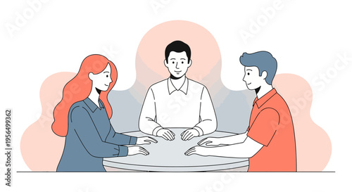 Stylized meeting illustration with neutral tones presenting a cooperative business concept