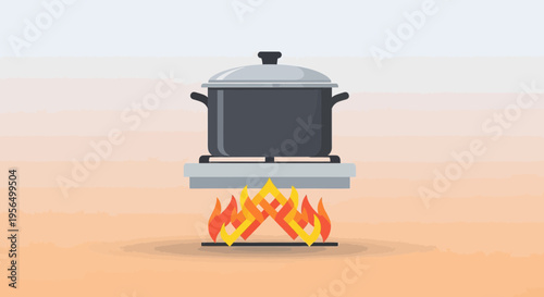 Stylized illustration of a cooking pot simmering over abstract flame on a gas stove