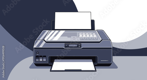 Stylized illustration of a modern inkjet printer designed for home or office use with blank pages