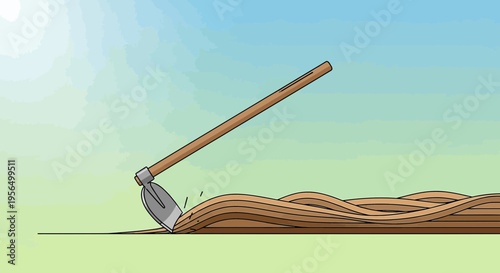 Stylized illustration of a hoe tool breaking ground in a light blue and green toned field