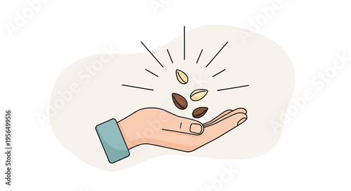 Stylized illustration of a nurturing hand holding seeds with a hopeful essence radiating above