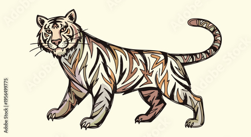 Tribal-style illustration of an animal spirit tiger with a dynamic stance and bold, earthy tones on a plain beige background