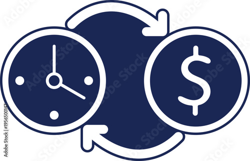 Time and money exchange concept with clock and dollar sign coin icons