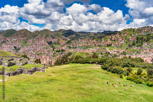 Aerial view with the city of Cusco, in the Sacred Valley of Peru