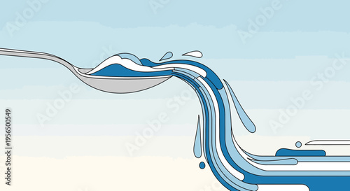 Stylized blue liquid motion spilling from a spoon against a light background illustration