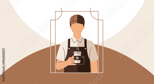 Stylized barista with coffee in hand framed by minimalistic design elements artwork