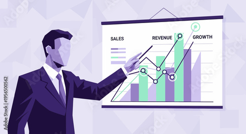 Stylized business presentation showcasing sales revenue growth with graphical analysis