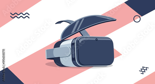 Stylized depiction of virtual reality headset on a geometrically patterned backdrop