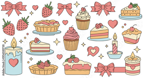 Colorful sweet treats flat illustration with strawberries and bows in pastel colors for birthday party decoration