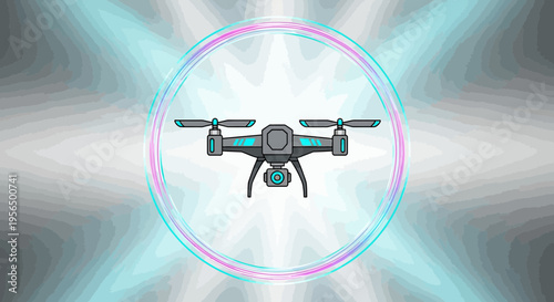 Stylized drone illustration hovering in a vibrant circular frame with a radial backdrop