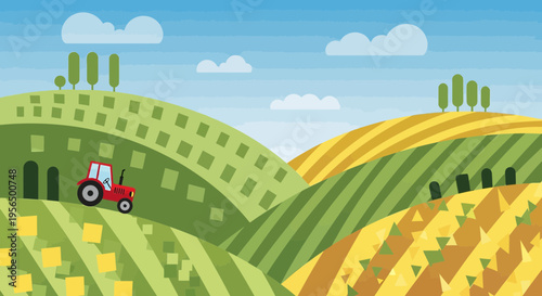 Stylized farmland illustration with rolling hills tractor and a vibrant color palette evoking