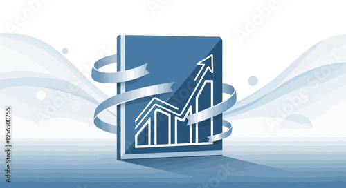 Stylized financial report presentation with a rising chart line and ribbons symbolizing progress
