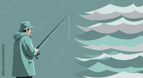 Stylized fishing scene showcasing a fisherman in a raincoat against abstract waves