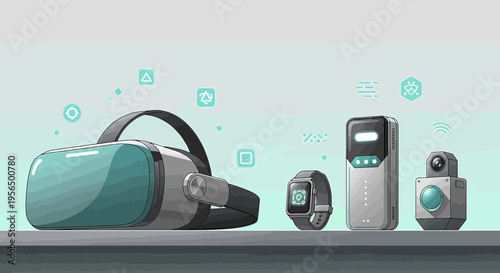 Stylized futuristic technological devices showcase including vr headset and smart watch