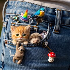Whimsical animal pins on jeans pocket.