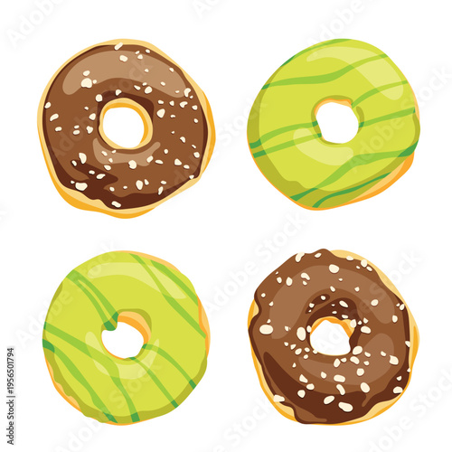 vector set of 4 chocolate and pistachio glazed donuts
