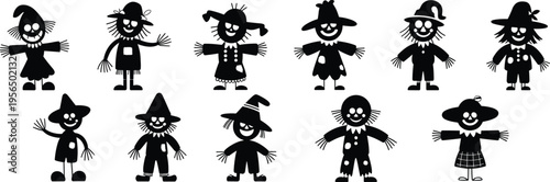 A cheerful and whimsical collection of scarecrow silhouettes, perfect for autumn harvest, fall festivities, and Halloween designs on a white background.