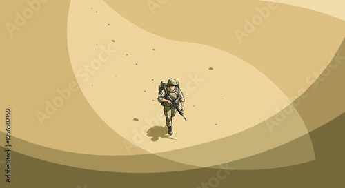 Soldier's Journey: A lone figure traversing arid landscapes with unwavering determination