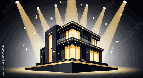 Spotlit Luxurious Modern Villa with Striking Black and Gold Design elements