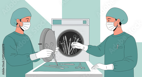 Sterile processing technicians handling surgical instruments in a sterile environment setting for
