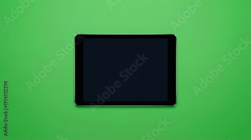 A black tablet device is centrally positioned on a vibrant green background displaying a dark blank screen for content high quality professional detailed modern elegant stylish