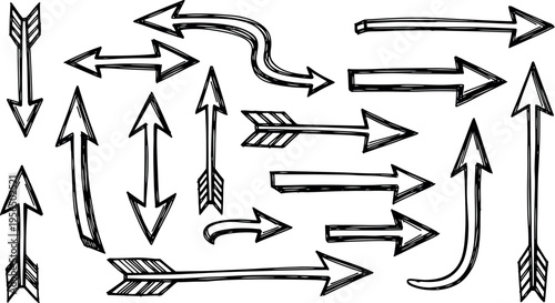 A collection of various arrows pointing in different directions on a white background.