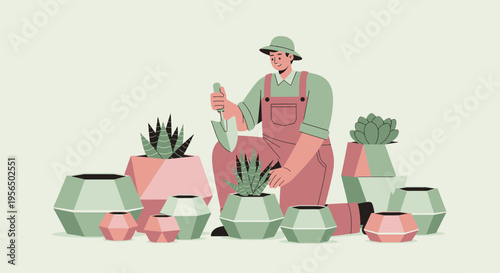 Stylish gardener surrounded by trendy geometric pots filled with various succulent plants and