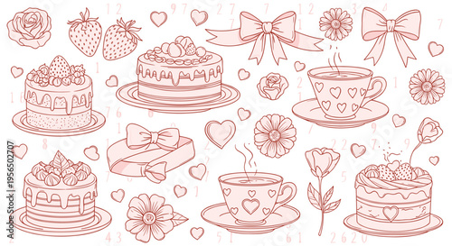 Whimsical sweet treats and tea time in soft pink line art on white background for Valentines Day