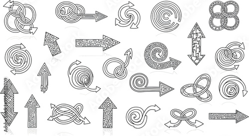 An illustration of various decorative arrows and swirling designs on a white background.