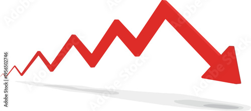 Red arrow points downward on a declining stock market graph chart illustration