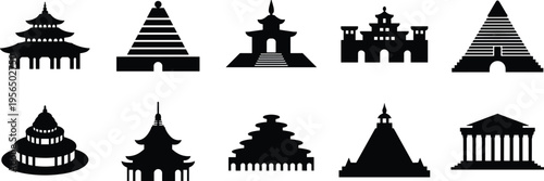 A striking collection of abstract black silhouettes of temples and pagodas, representing Asian architecture, spirituality, and ancient landmarks on white.