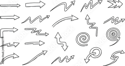 An illustration of various hand-drawn arrows and spiral shapes on a white background, depicting abstract graphic elements, including curved and straight arrows with different styles and directions.