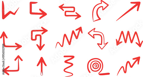A collection of red hand-drawn arrows on a white background for design
