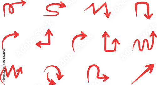 Hand drawn red arrows pointing in various directions on a white background as illustration