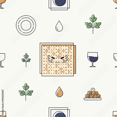 Seamless pattern of Passover Seder elements including matzah, wine, parsley, and Seder plate outlines in a minimalist flat design.